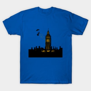 Mary Poppins and Big Ben Linocut Silhouette Print in black, blue and gold T-Shirt